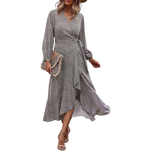 Vestido largo de manga larga para mujer con cuello en V y estampado floral con cinturón Adepaton WMPH-1446-3