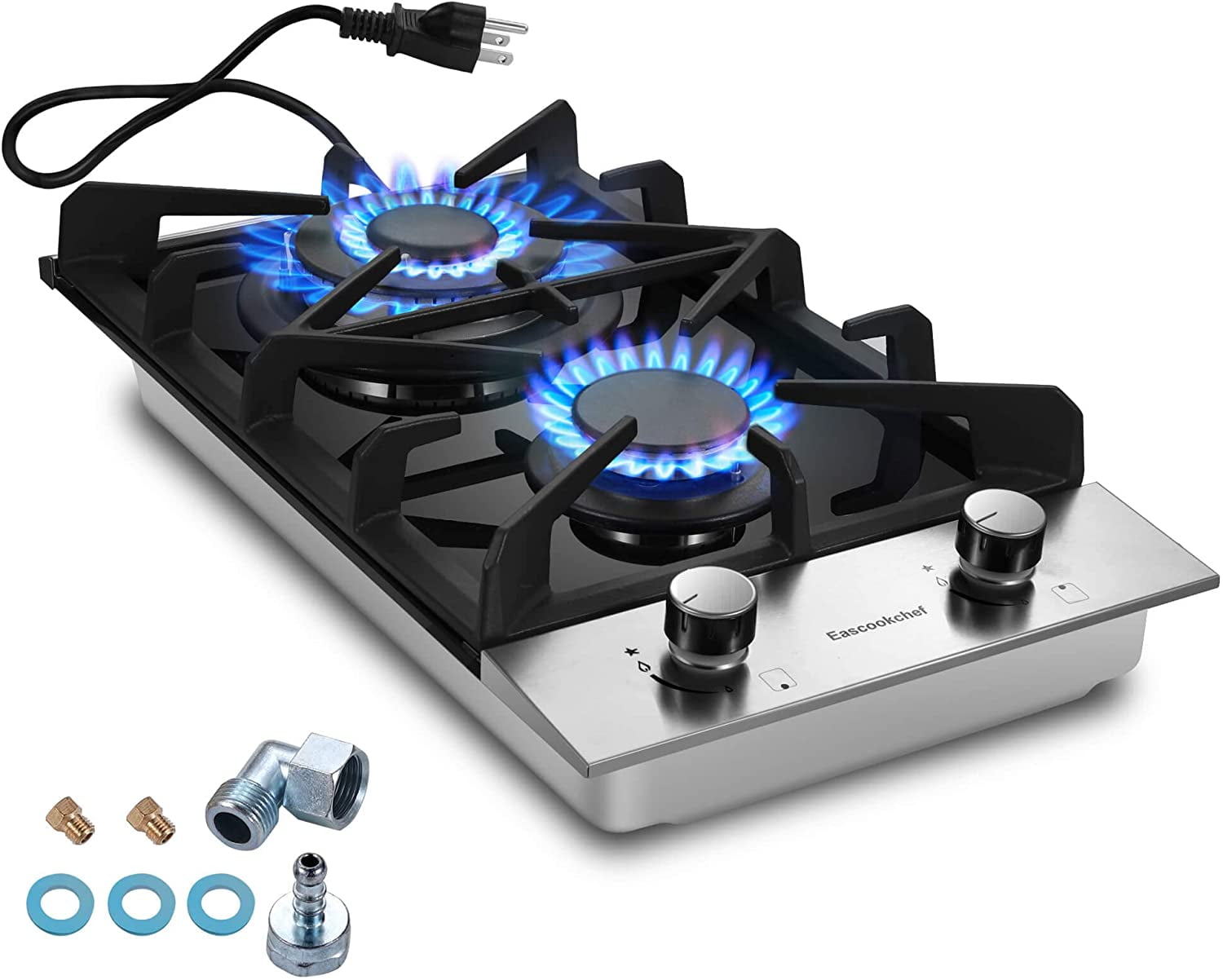 Gas Cooktop 12 inch Eascookchef Bulitin Gas Stove Top 2 Burners NG/LPG Convertible Dual Burners