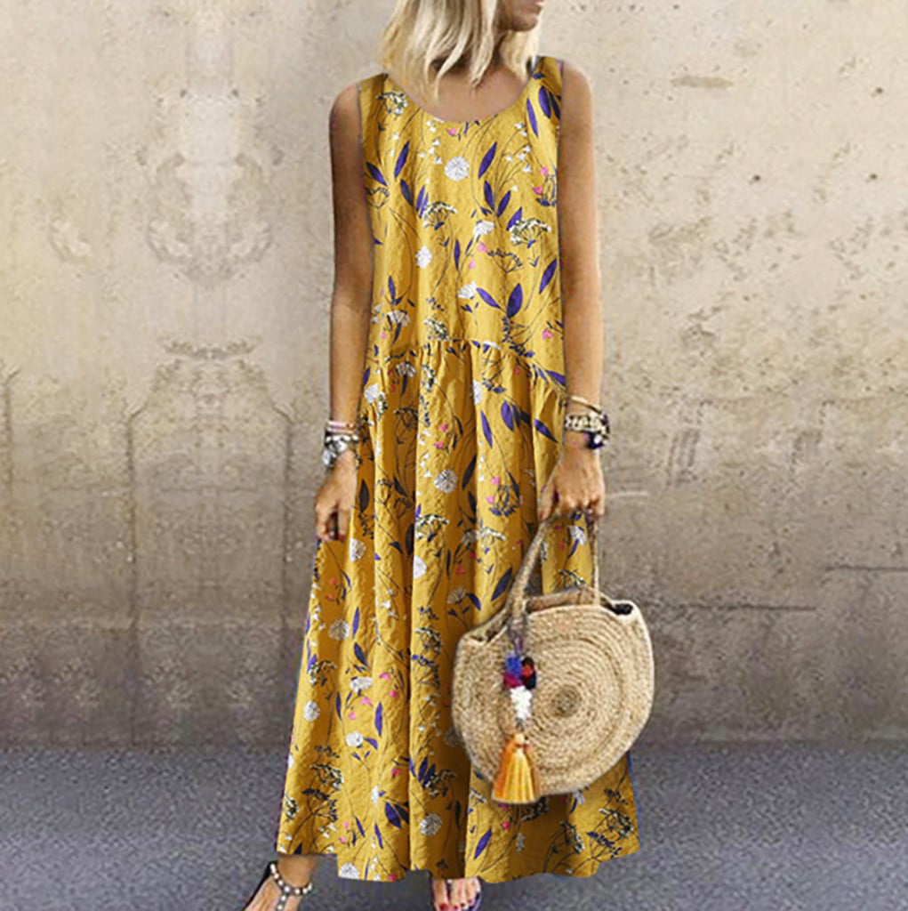 LINMOUA Women Plus Size Bohemian O-Neck Floral Print Vintage Sleeveless  Long Maxi Dress - Walmart.com