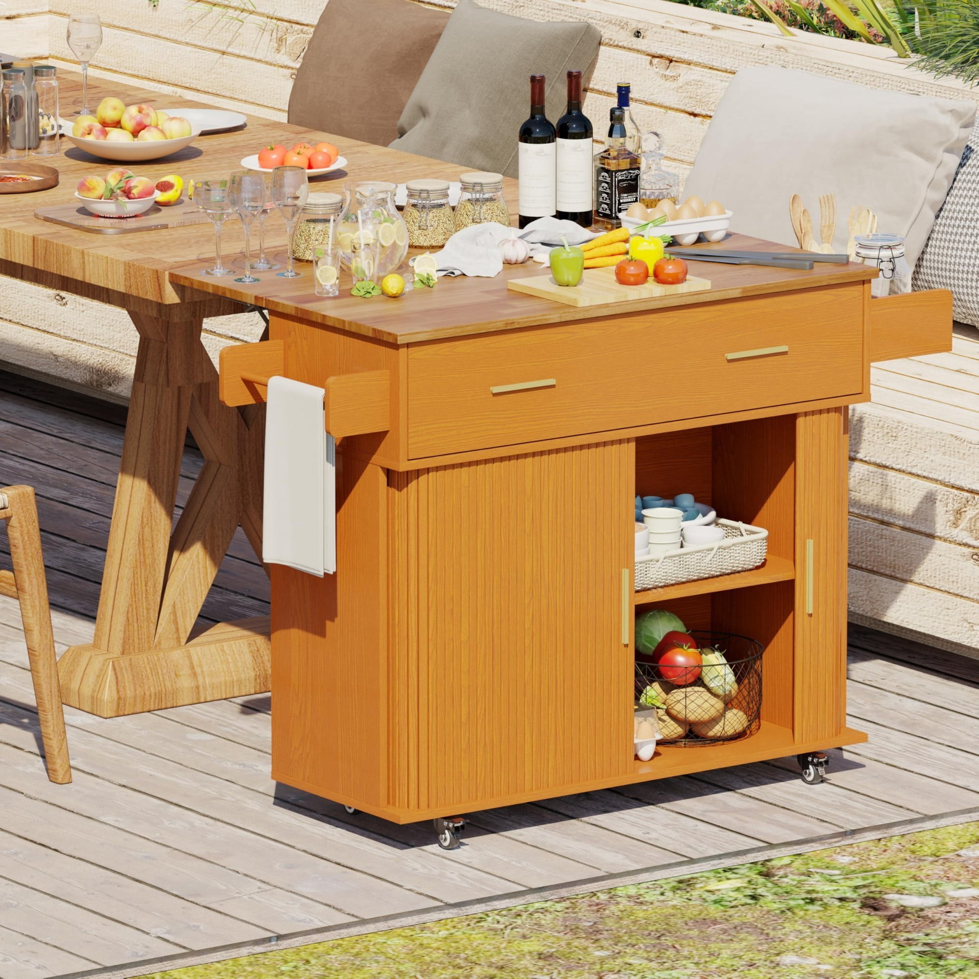 Rolling Kitchen Island Cart with Drop Leaf, Mobile Kitchen Cart on Wheels with Sliding Door, Drawer & Storage Rack, Yellow