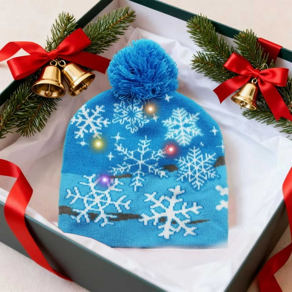 Hyknon Christmas Santa Hat Christmas Costume Lighted Knitted Hairball Beanie Hats with LED Light Wool Warm Caps for Women Men