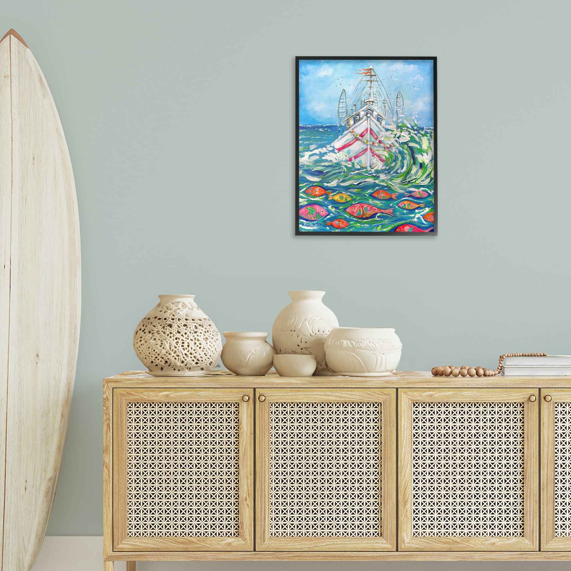 Stupell Industries Boat Net Splashing Transportation Painting Black Framed Art Print Wall Art, 24 x 30