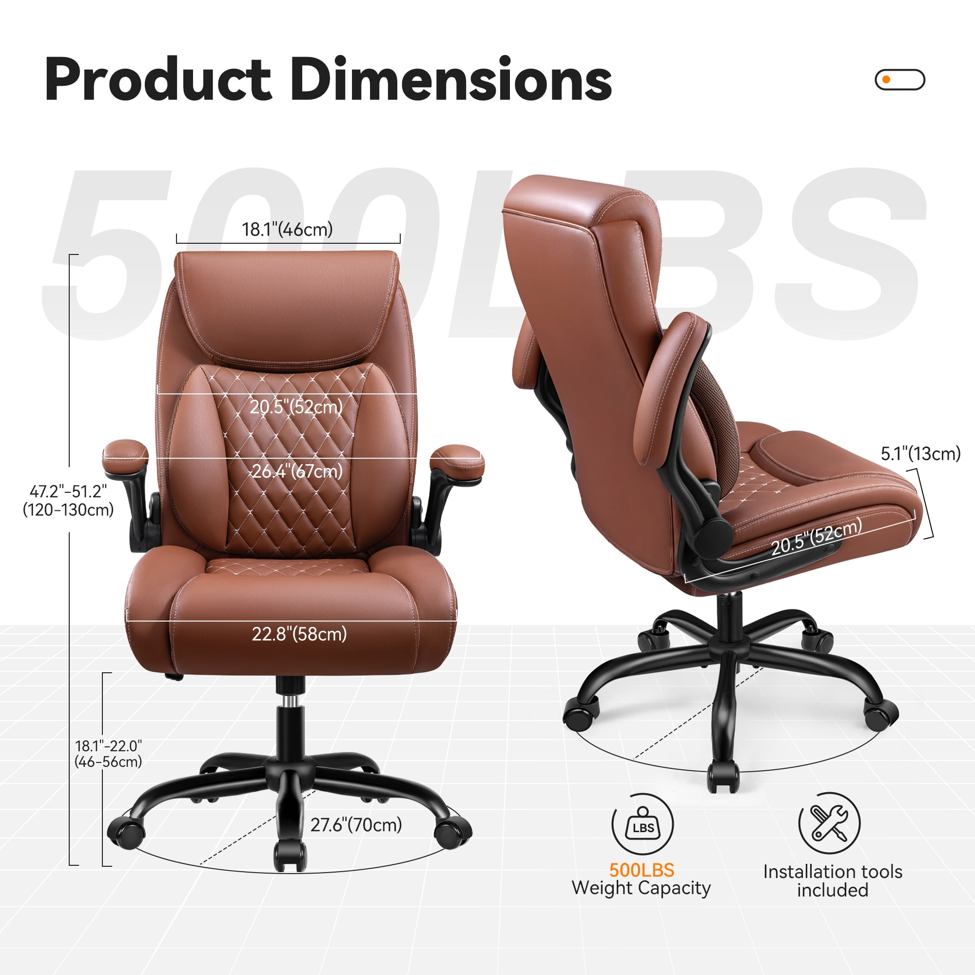 COOLHUT Big and Tall Office Chair 500LBS Wide Seat Ergonomic Computer Desk Chair, High Back Executive PU Leather Chair, Adjustable Armrest and Lumbar Back Support Office Chair, Brown