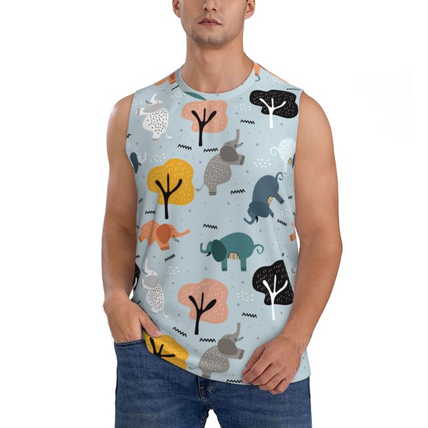 Fotbe Elephant Tree Men's Camiseta sin Mangas Estampada para Hombres, Playera Casual para Gimnasio, Entrenamiento, Playa-3X-Large