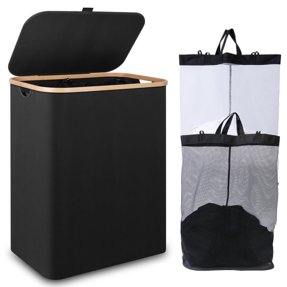 Cesta de lavandería ieGrow de 150 litros con tapa y 2 bolsas interiores, color negro