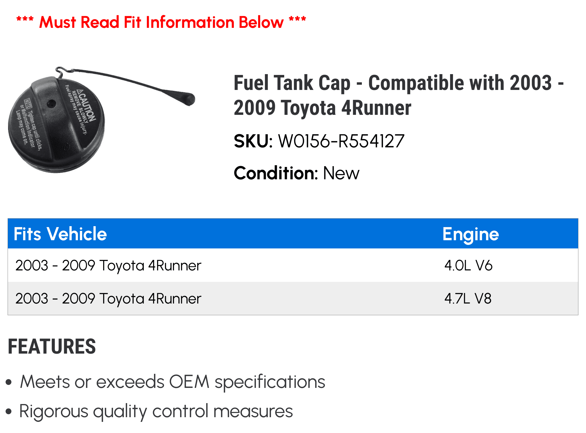 Fuel Tank Gas Cap - Compatible with 2003 - 2009 Toyota 4Runner 4.0L V6 4.7L V8 2004 2005 2006 2007 2008