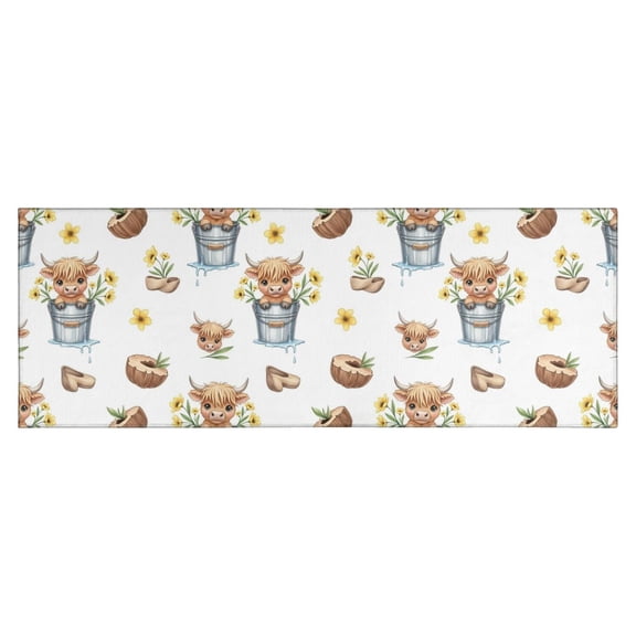 White Highland Cow Bucket Flower Pattern Kitchen Rug Mat,Kitchen Runner Rugs Non Skid Washable,Decorative Kitchen Floor Mats for Kitchen,Sink,Laundry,17"X47"