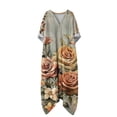 thumbnail image 4 of Heisall 2026 Spring Summer Boho Floral Printed Linen Maxi Dress V Neck Batwing Sleeve Oversized Kaftan Dresses with Pockets, 4 of 7