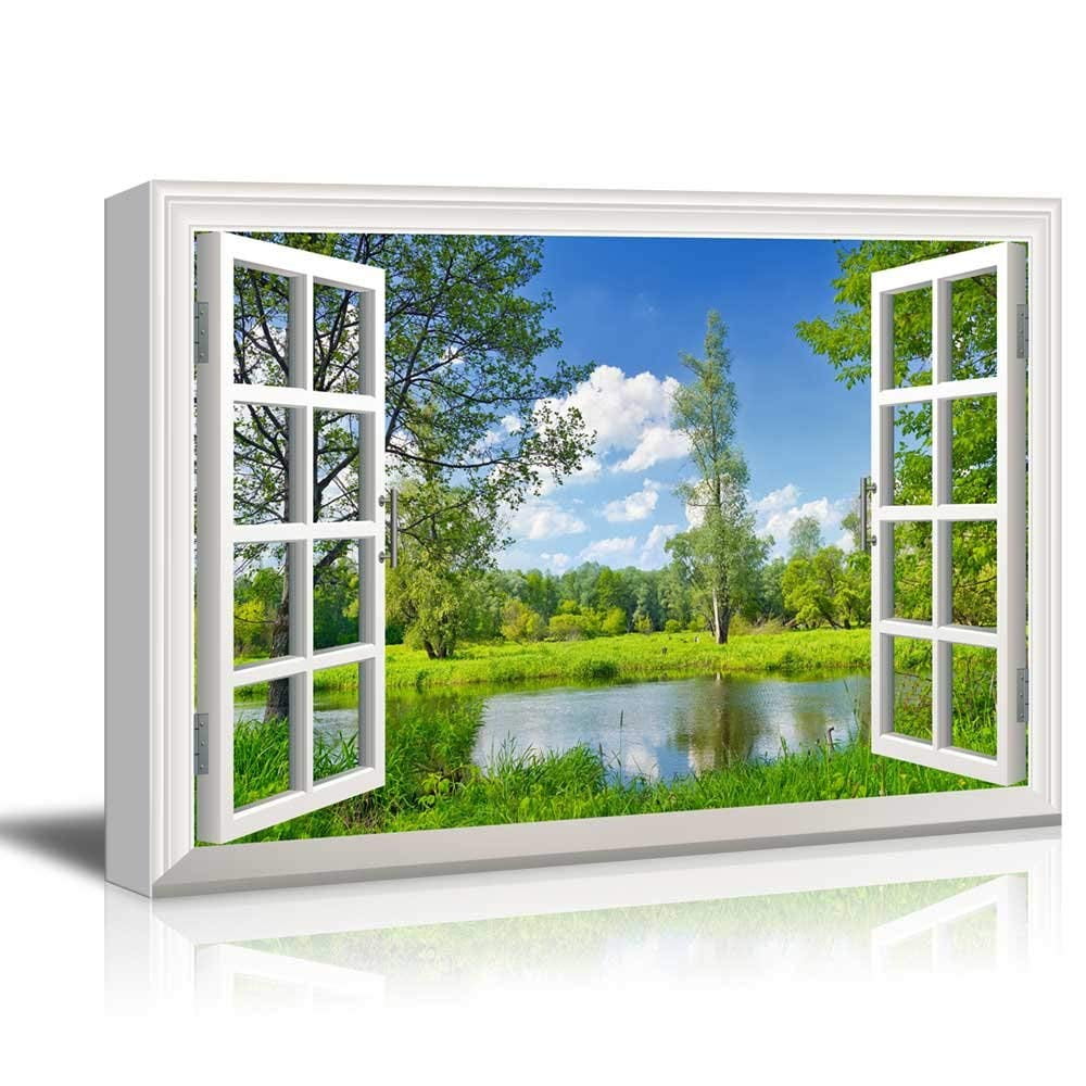 Wall26 Canvas Wall Art - Window Peering into a Forest with a Lake ...