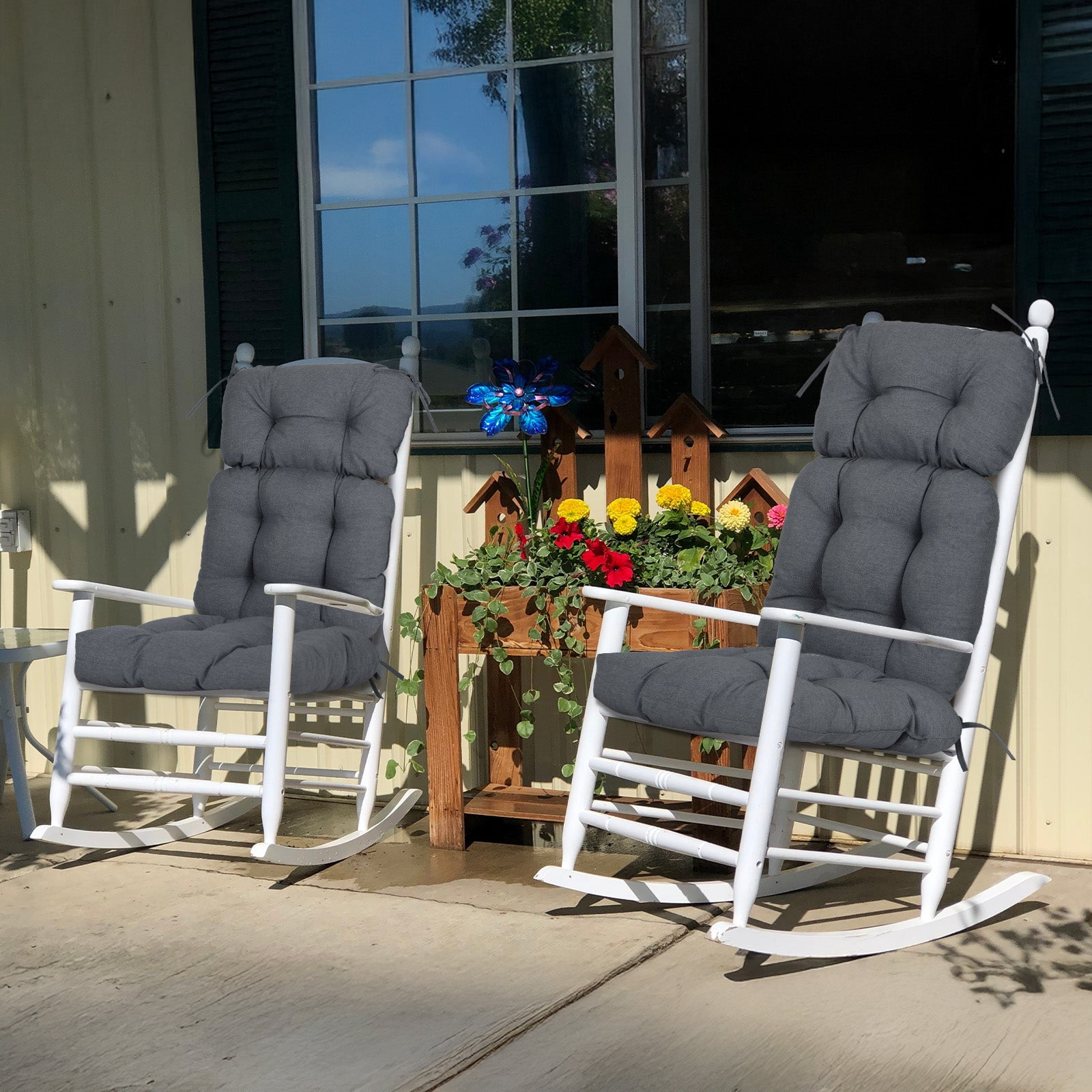 BPS Outdoor Chair Cushions, 45x22x5 Inch High Back Patio Dining Seat Cushion, Tufted Pads Set of 2, Dark Gray