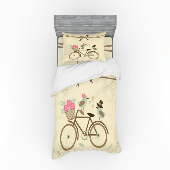 Ambesonne Retro Bedding Set 3 Pcs, Romantic Bird Couple, Twin XL, Multicolor