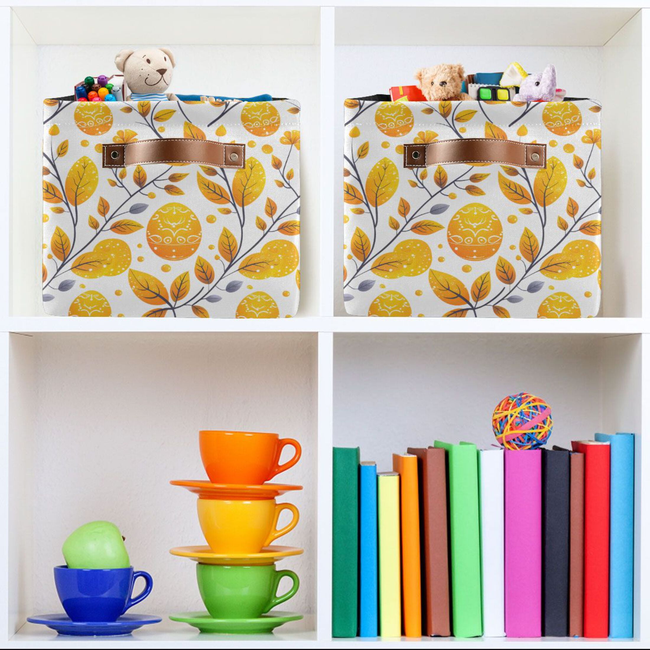 Ryvnso Easters Egg and Leaves Storage Basket Large Bin Foldable Boxes Toys Organizer 14.2x10.2x8.3in 2 PCs