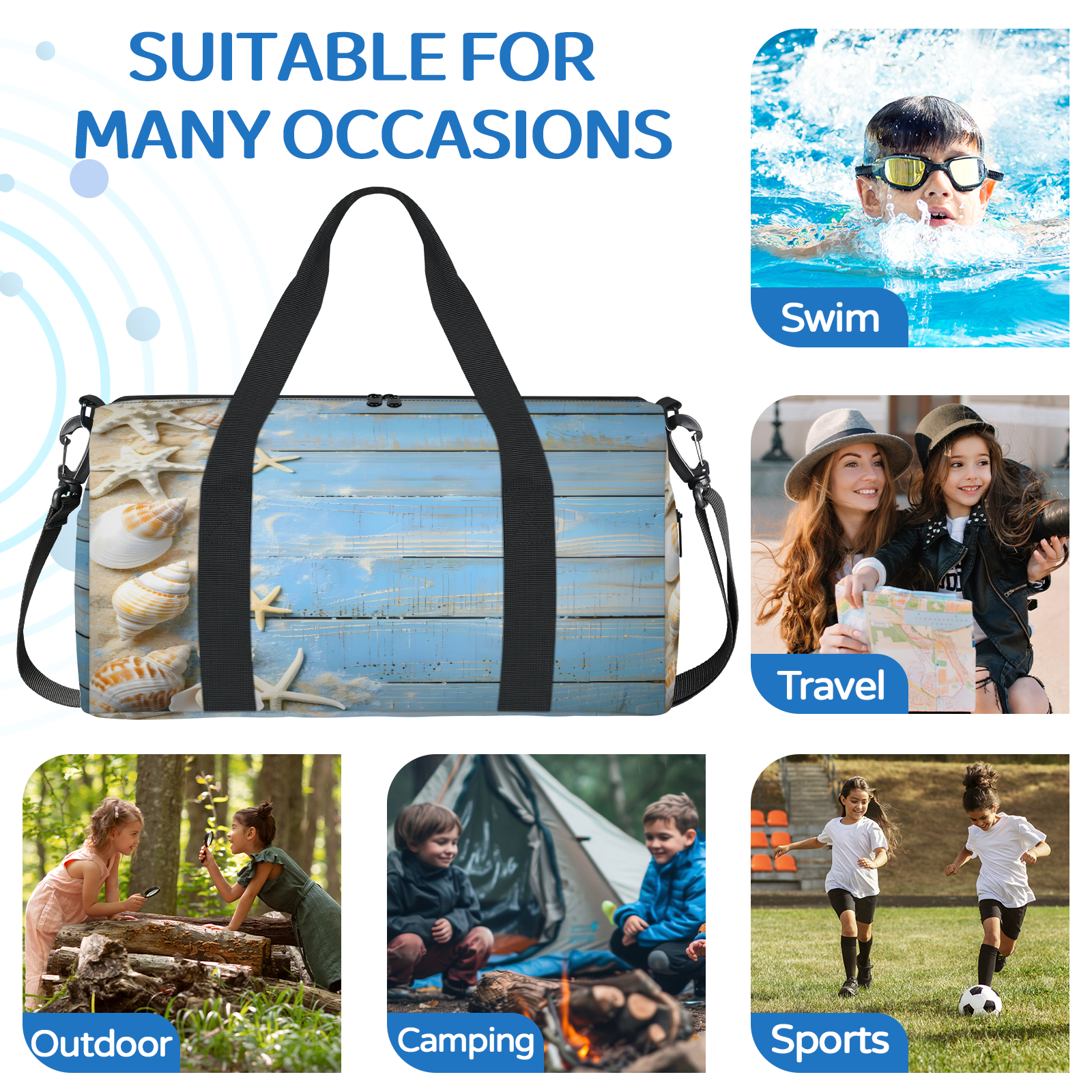 Herdesigns Blue Ocean Beach Seashell Starfish Themed Travel Duffle Bag Sports Yoga Weekender Overnight Carry on Workout Bags Lightweight Waterproof Gym Tote Bag for Women