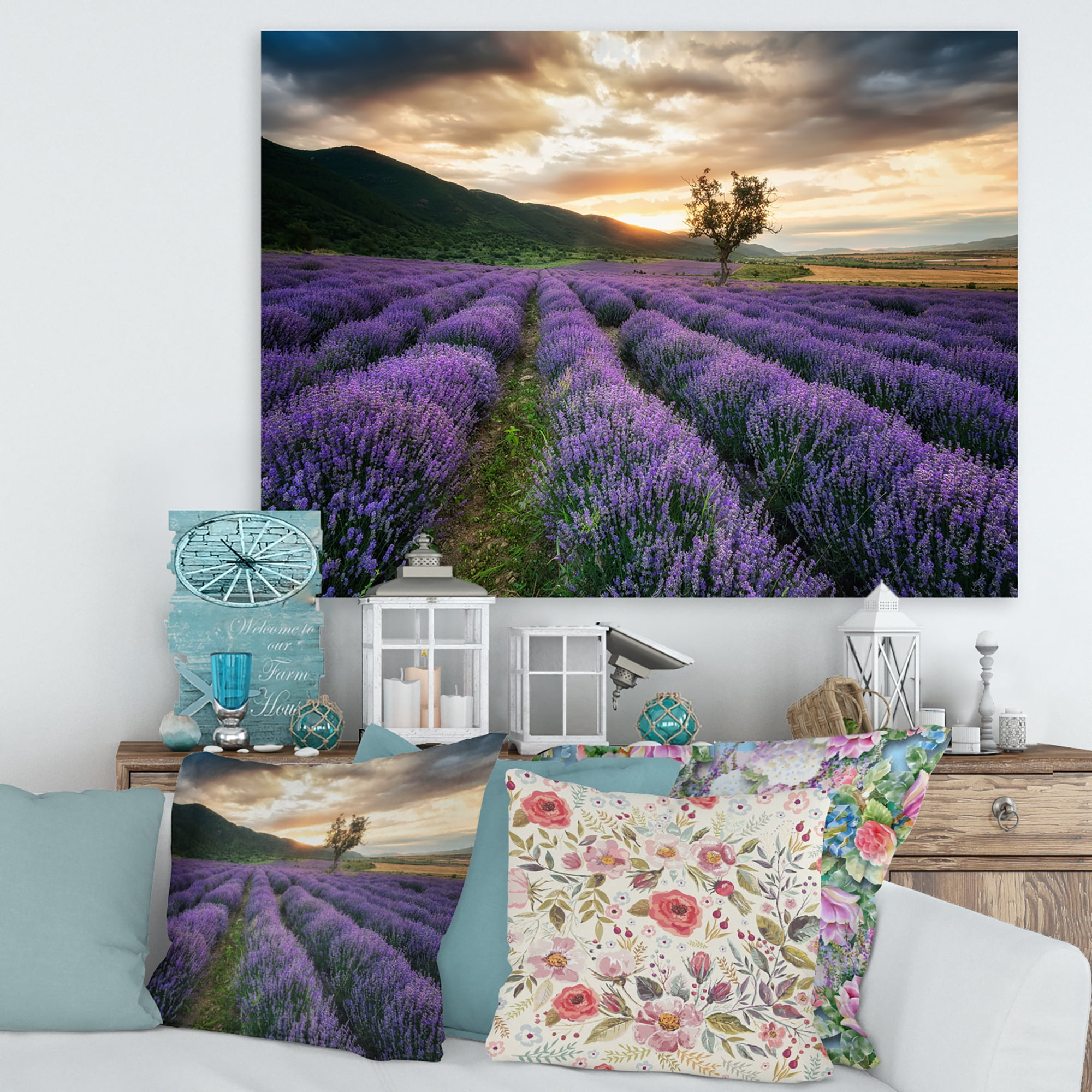 Designart ' Dramatic Clouds and Sunrise Over Lavender Field VII ' Farmhouse Canvas Wall Art Print