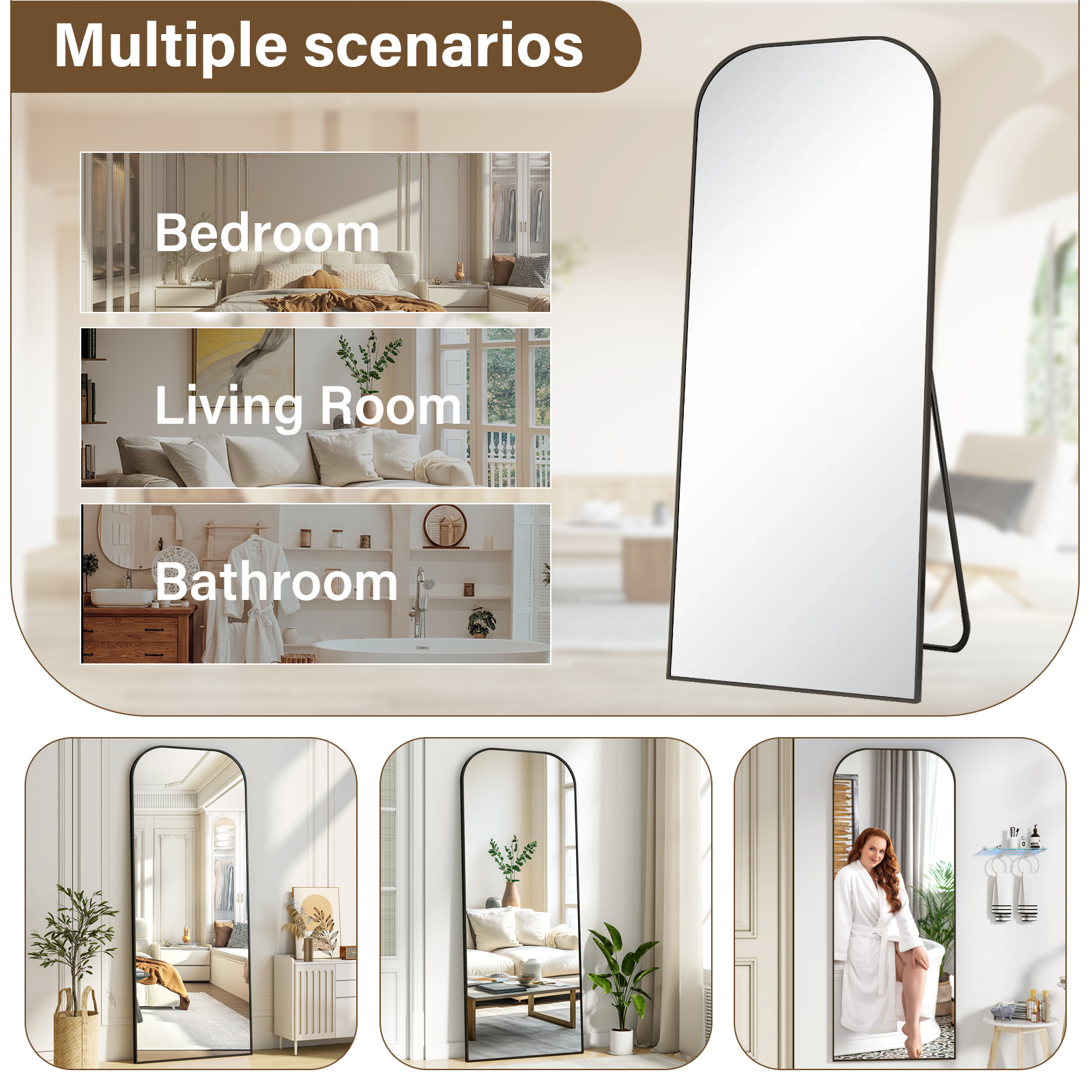 Easy4Home 56"x21" Arched Full Length Mirror Metal Frame Freestanding Mirror Wall-Mounted, Black