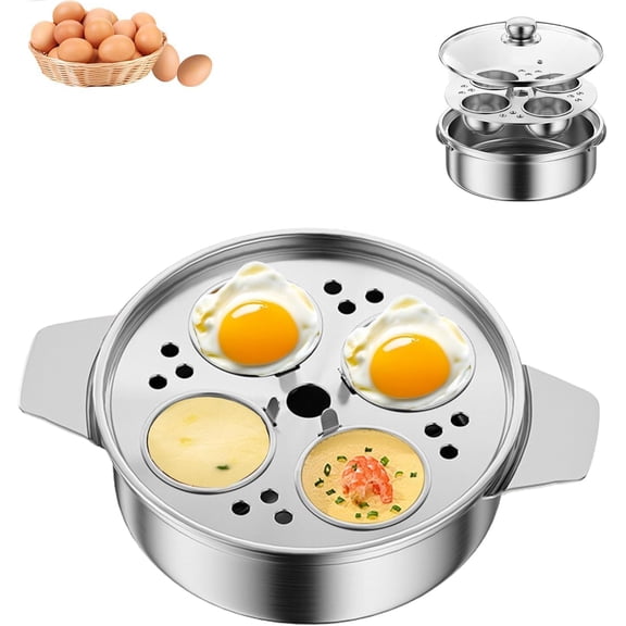 Stainless Steel 4 Cup Egg Poacher Pan with Glass Lid Heat Resistant Handle