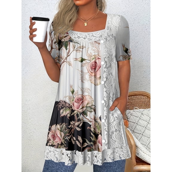 Nyfairy Plus Size Women's Lace Trim Square Neck Short Sleeve Floral Print Casual Tunic Top With Pocket