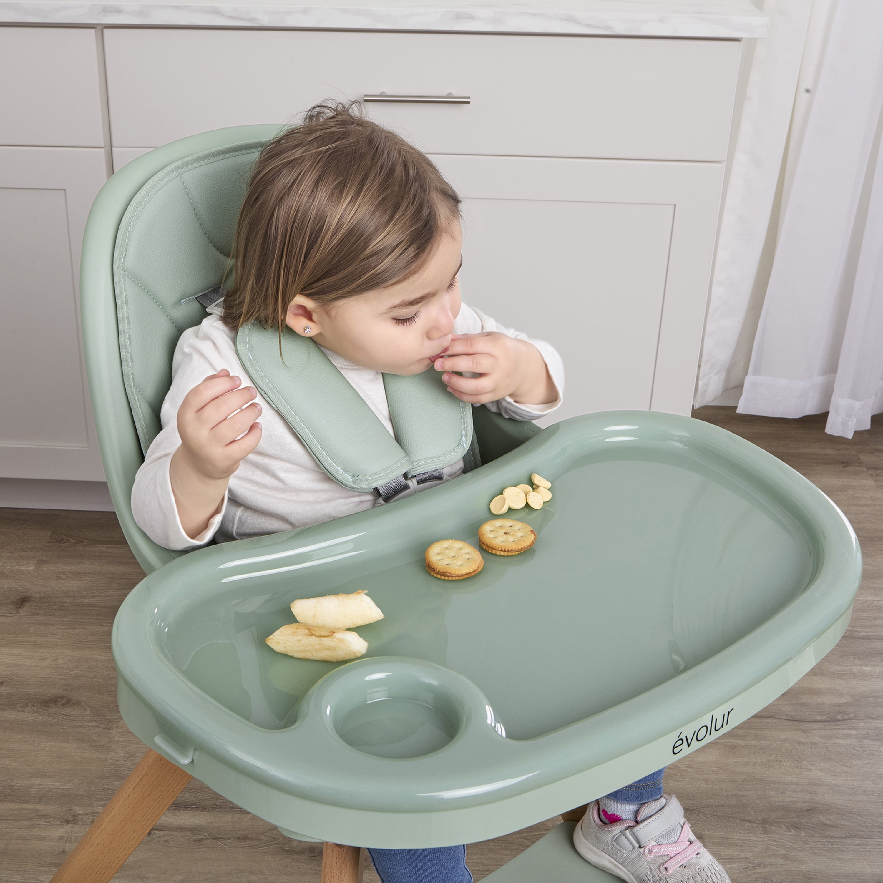 Evolur Zoodle 2-in-1 High Chair Booster Feeding Chair with Modern Design, Sage Green