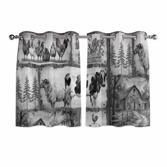 Black White Animals Kitchen Curtains Window Panels, Cow Rooster Trees Vintage Art Insulated Window Treatment Curtain, Grommet Curtains for Bedroom/Living Room/Bathroom, 2 Piece 52"Wx45"L