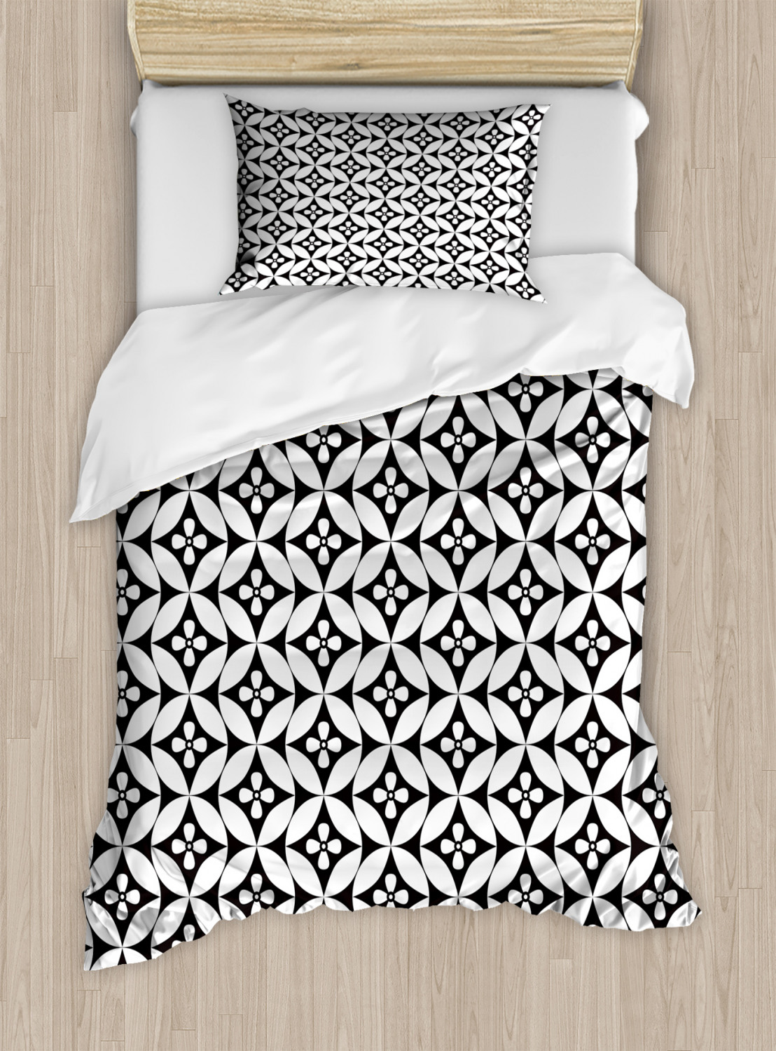 Black and White Twin Size Duvet Cover Set, Mosaic of Floral Circles Old