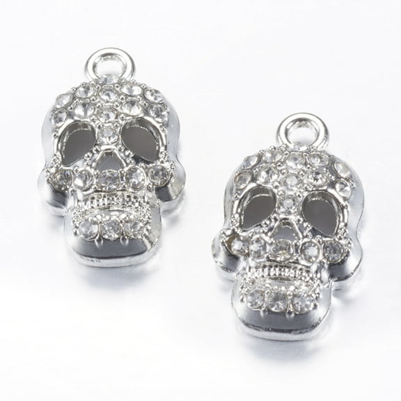 5 pc Alloy Rhinestone Pendants Skull Platinum 25x15x7mm Hole: 2.5mm