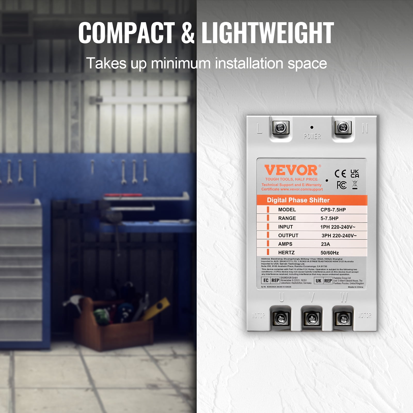 VEVOR 3Phase Converter- 7.5HP 23A 220V Single Phase to 3 Phase Converter, Digital Phase Shifter for Residential & Light Commercial Use,220V-240V Input/Output (One DPS Must Be Used on One Motor Only)