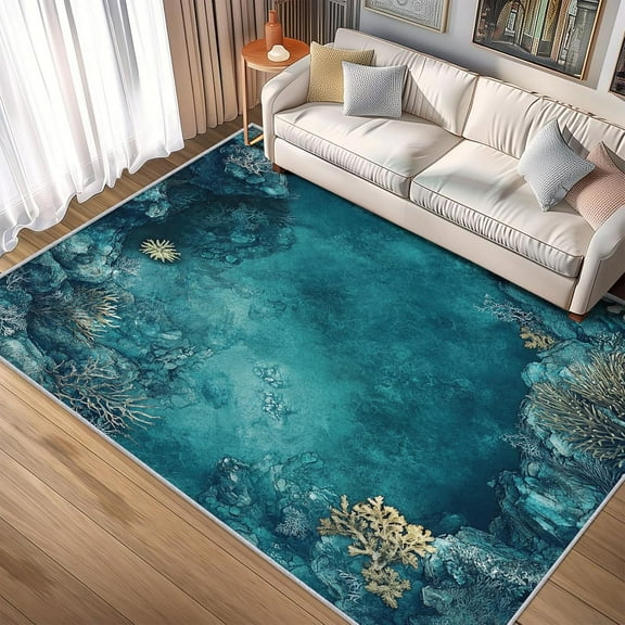 Underwater World Rug Washable Coral Reef Rugs For Living Room Bedroom, Teal Turquoise Area Rug For Home Decor, Non Slip Backing Floor Carpet 1x2ft