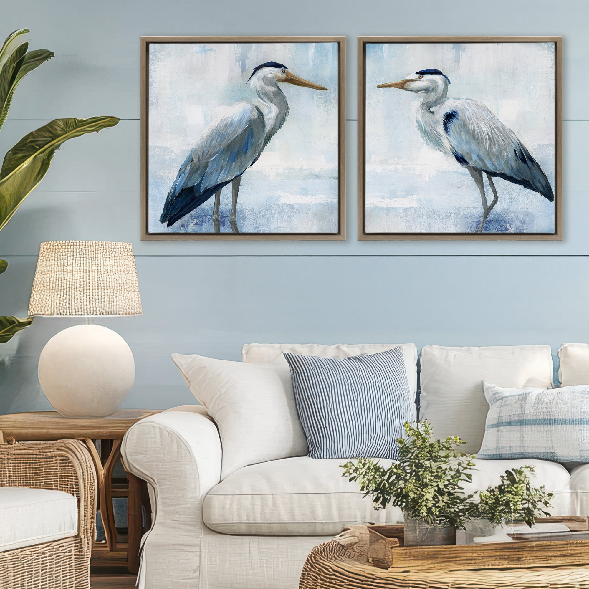 Stupell Industries Faded Blue Coastal Herons 2 Piece Brown Framed Floater Canvas Set, design by Nan