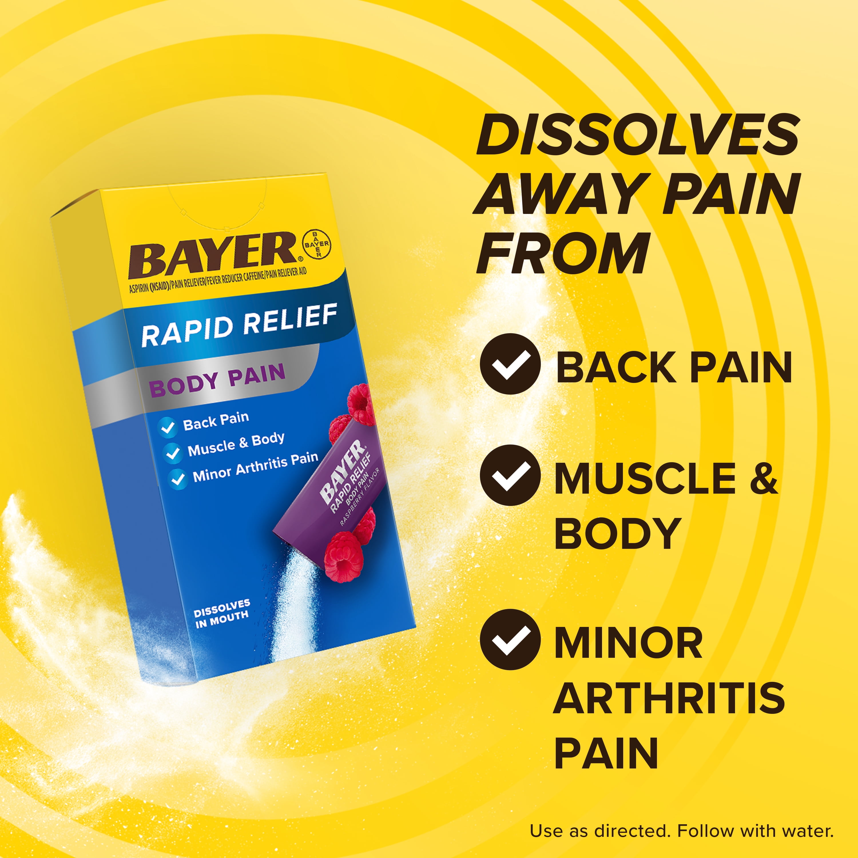 Bayer® Rapid Relief Body Pain Powder Packs with Aspirin & Caffeine, Raspberry Flavor, 10 Count