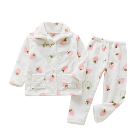 

Toddler Kids Baby Boys and Girls Autumn and Winter Fleece Sleepwear Outfits Cute Cartoon Print Flannel Lapel Button Top Pants Pajamas Children s Casual Warm Home Wear