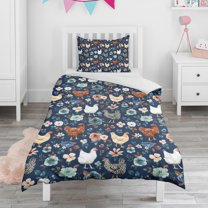 Chicken and Flower Duvet Cover and Pillowcase Set for Single Bedding, Bedroom Accessories for Kids Teens