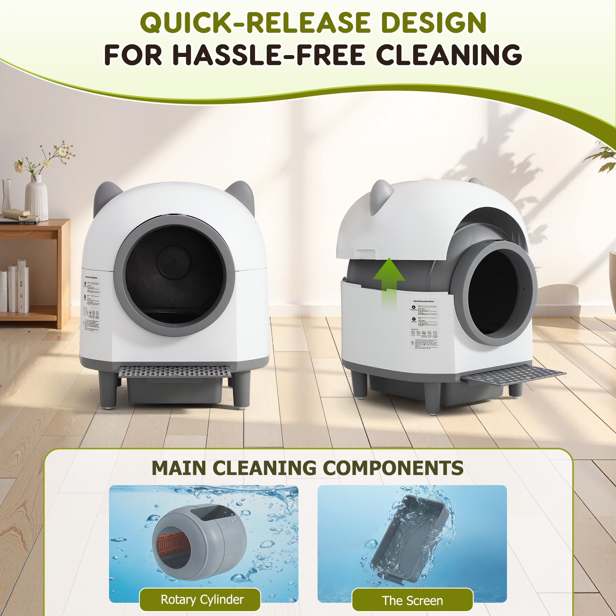 Haverchair Automatic Cat Litter Box, 80L Self Cleaning Litter Box for Multiple Cats, Odor Noise Control, App Control W/Safety Sensors and Removable Washable Liner, Included 2 Roll Garbage Bags, White