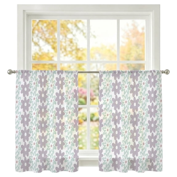 Flowers Sheer Curtains 45 Inch Long 2 Panels Spring Green Light Purple Daisy Floral Light Filtering Rod Pocket Curtains, Sheer Voile Drapes for Living Room Bedroom 52"x45"