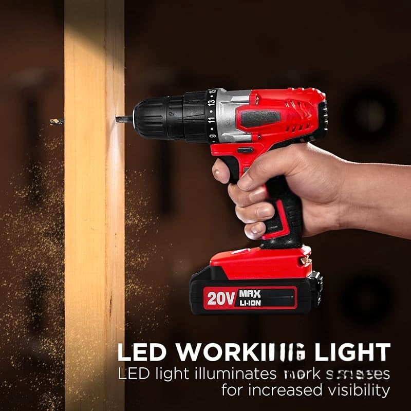 20V MAX Lithium lon Cordless Drill Set, Power Drill Kit with Battery and Charger, 3/8-Inch Keyless Chuck, Variable Speed, 16 Position and 22pcs Drill Bits (Red)