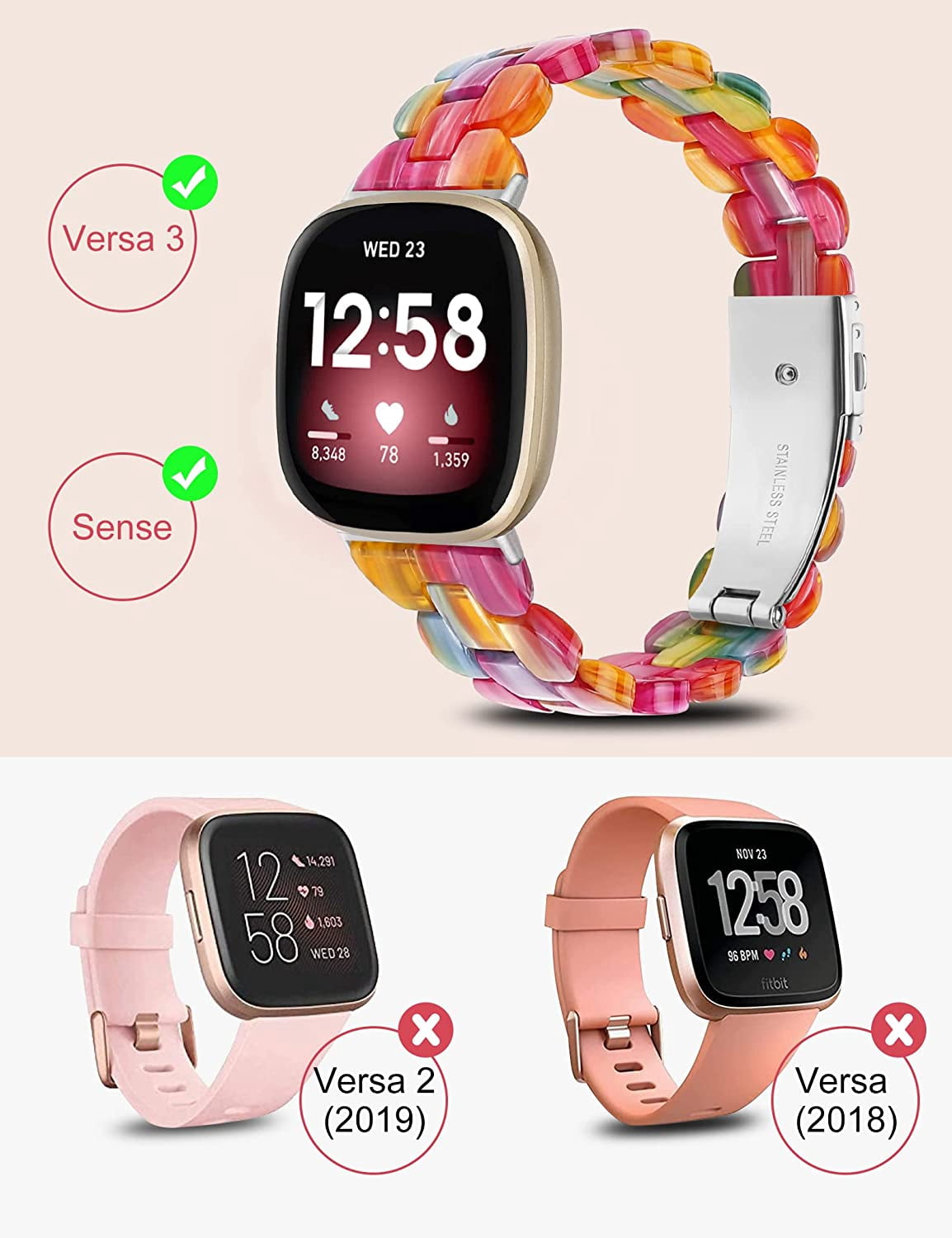 TOYOUTHS Slim Resin Bands Compatible with Fitbit Sense Bands Women, Lightweight Thin Sense Watch Bands for Fitbit Versa 3 Wristbands