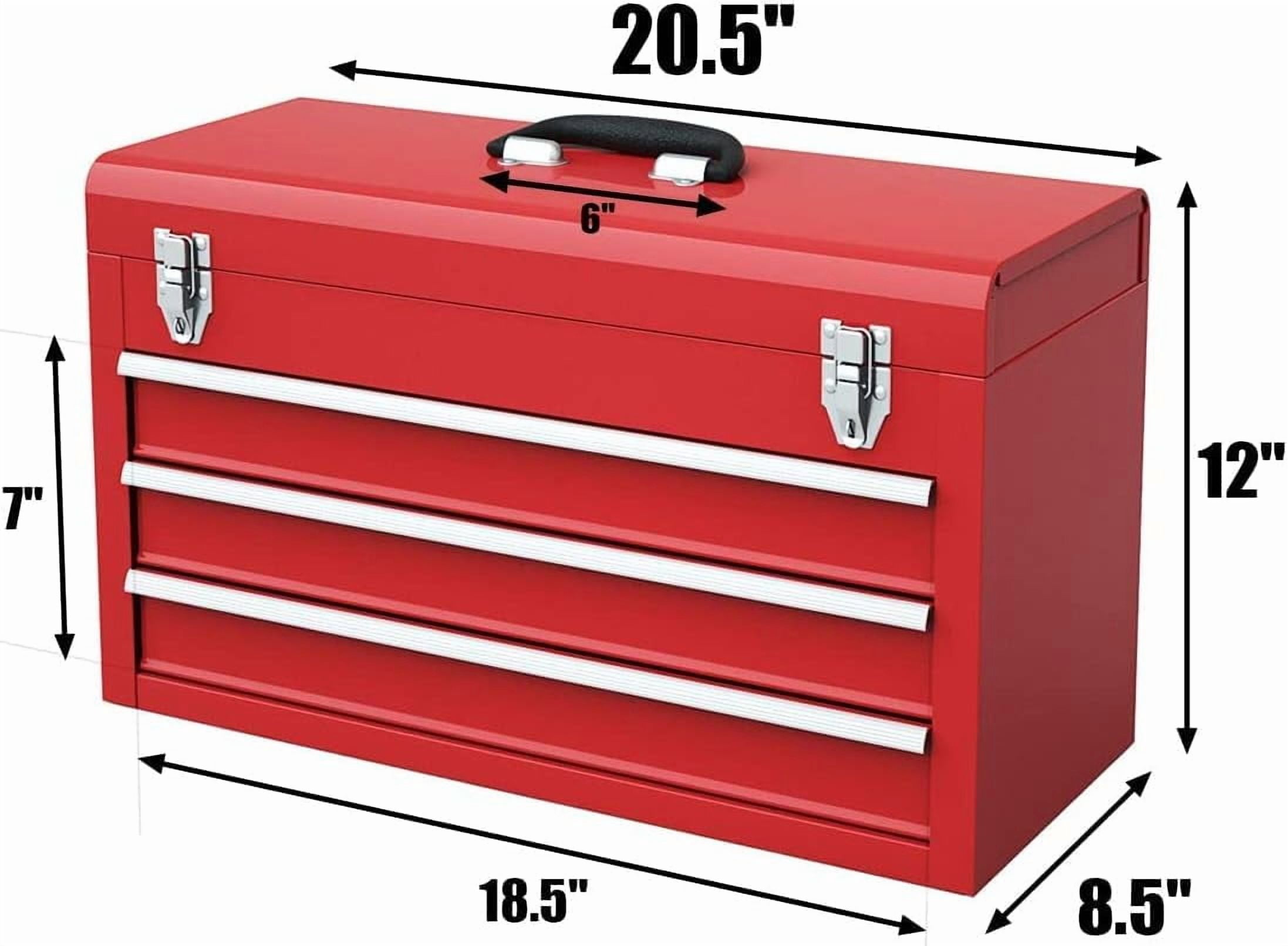 Portable Steel Tool Box with 3 Drawers & Top Tray, Heavy Duty  for Mechanics and Home Use