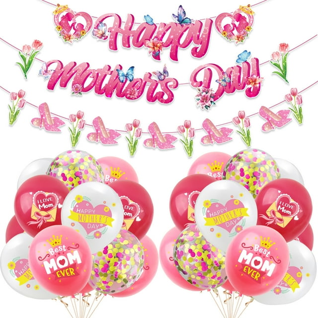 Set de decoración con globos para el Día de la Madre, 25 unidades, rosa y blanco