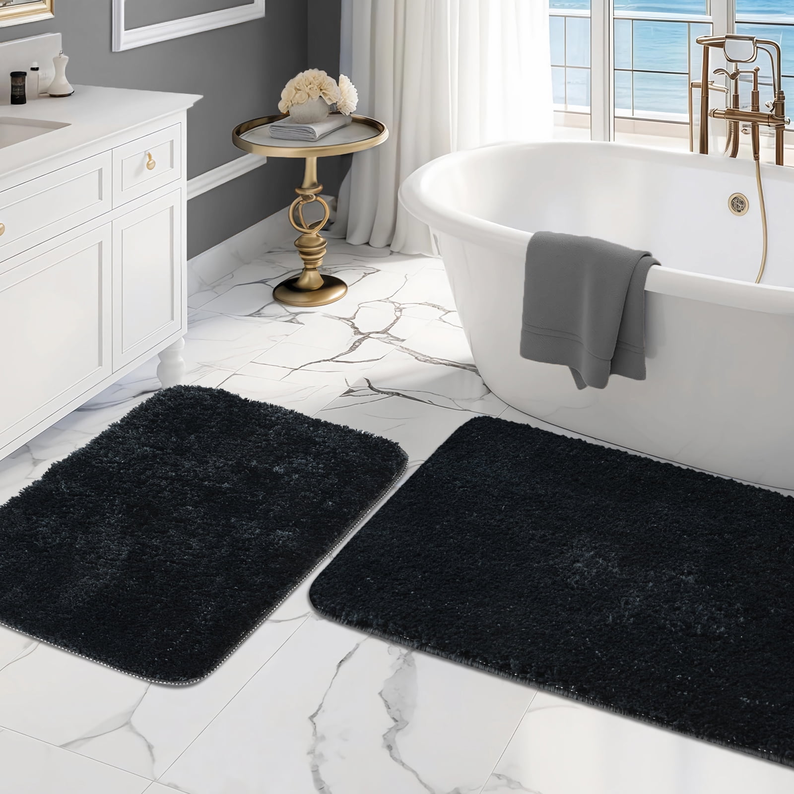 FRAMICS 15-Piece Ombre Black Shower Curtain Sets with Rugs, Waterproof Fabric Striped Gradient Bathroom Sets, 72" x 72"