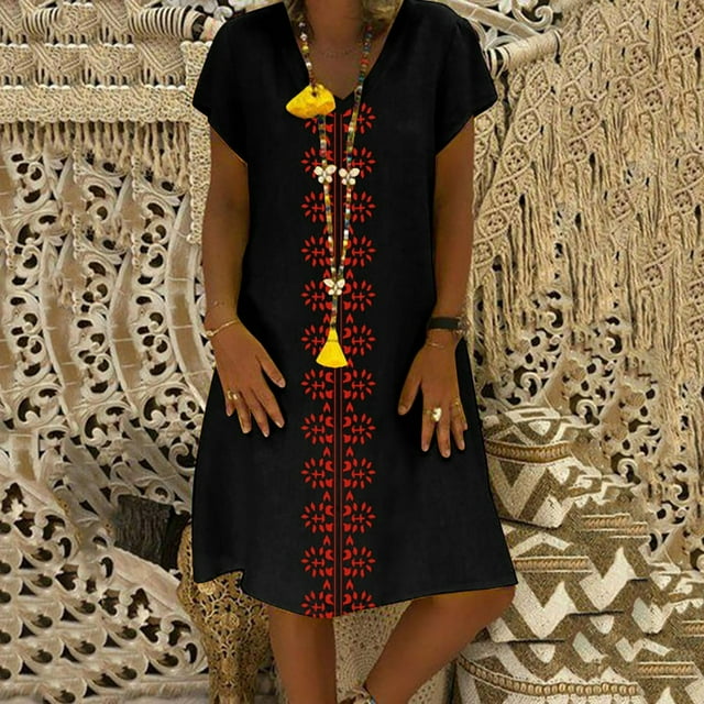 CHOK Robes pour Femmes 2022 Style d'Été pour Femmes Col en V Imprimé Coton et Lin Décontracté Grande Taille Robe pour Dames Robe Décontractée pour Femmes Noir + L