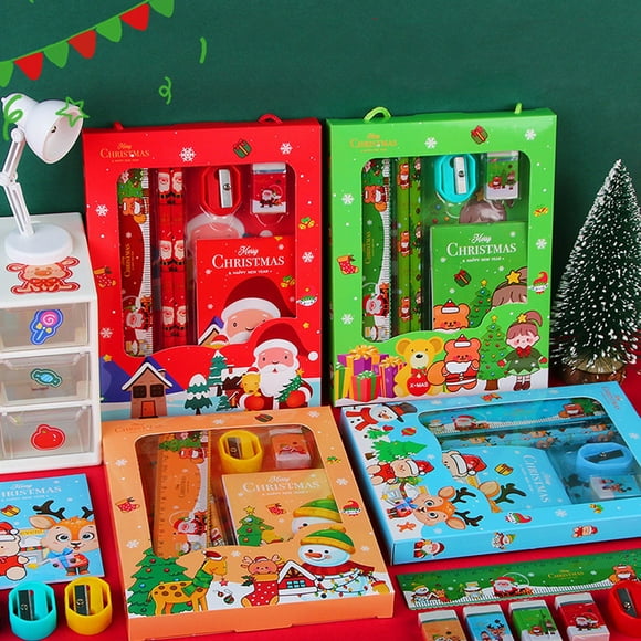 Xihbxyly Set de Papelería para Regalo de Navidad, 6 Piezas de Útiles Escolares, Lápiz Creativo, Borrador, Crayón, Regla, Cuaderno, Divertido Juego de Aprendizaje Navideño, Kit Portátil para Todas Las