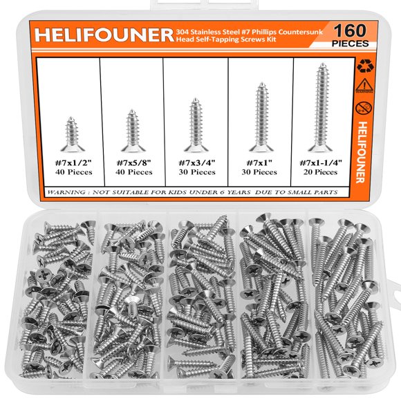 #7 X 1/2"" 5/8"" 3/4"" 1"" 1-1/4"" Wood Screws Set Helifouner 160 Pieces Phillips Countersunk Head Self-Tapping Screws Assortment Kit Phillips Flat Head Wood Screws 304 Stainless Steel