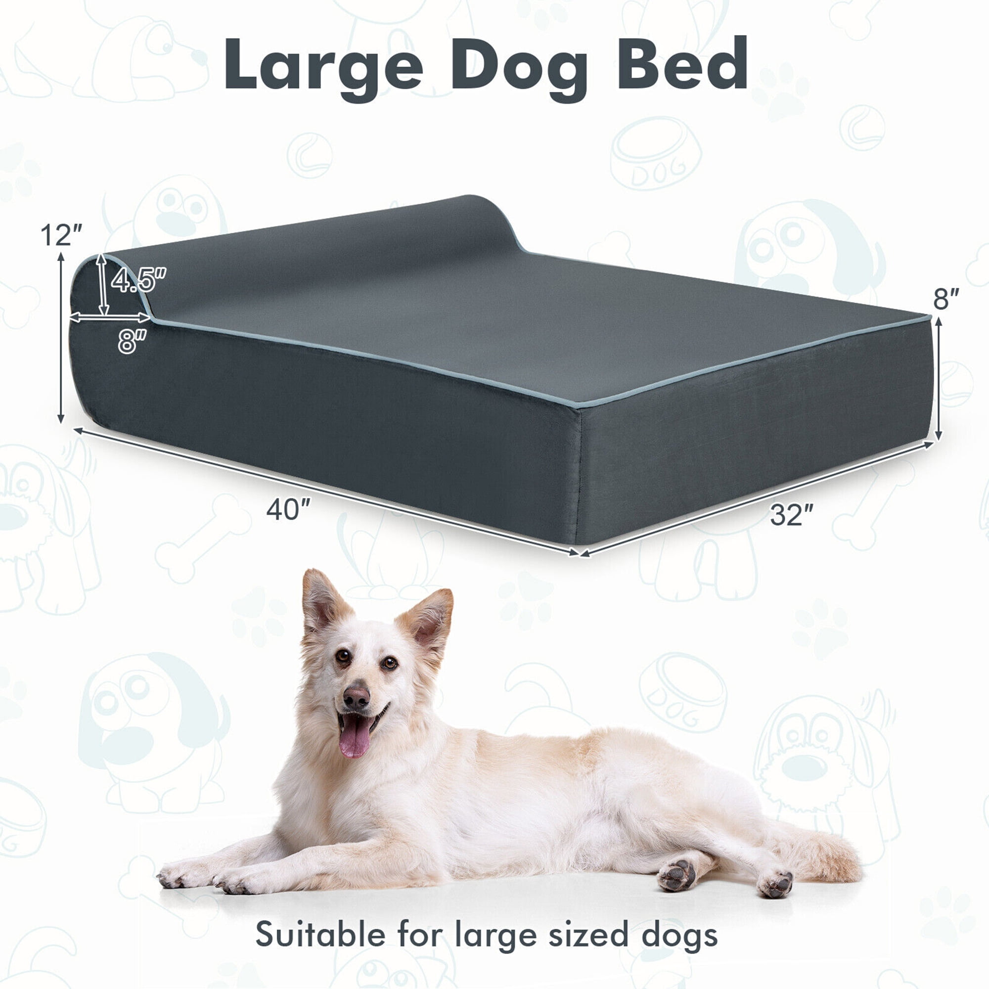 Gymax Memory Foam Orthopedic Dog Bed for Large Dogs w/ Headrest & Washable Cover Grey