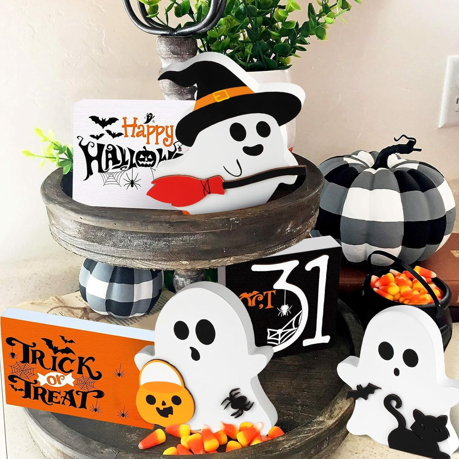Set of 3 Cute Wooden Ghost Tiered Tray Decorations for Halloween Home Decor