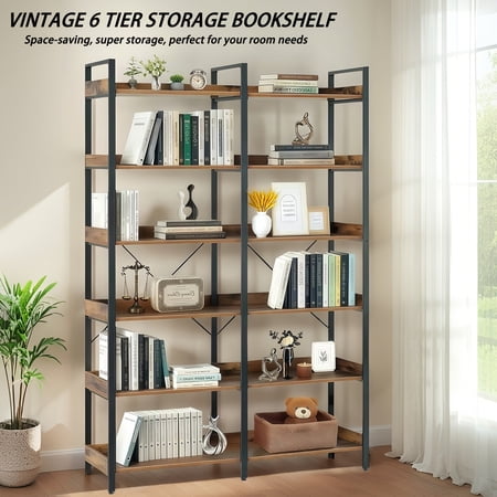 6-Tier Industrial Bookshelf 67 Wooden Bookshelf with Open Shelves Freestanding Metal Frame Bookcase for Storage and Display Modern Book Shelves for Bedroom Living Room and Home Office Brown