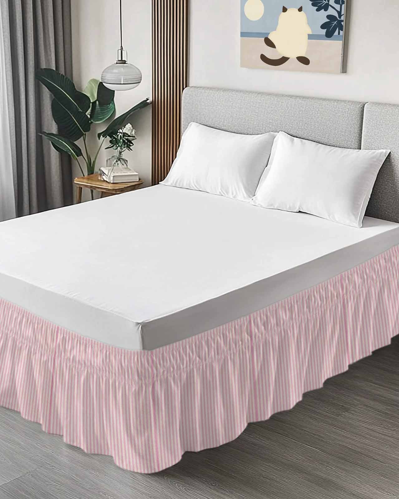 Pink Striped Wrap Around Bed Skirts for California King Bed 16" Drop,Bed Skirt with Adjustable Elastic Belt Dust Ruffle Bed Valance for Bedroom Modern Simple Farmhouse Beige Vintage Bed Frame Cover