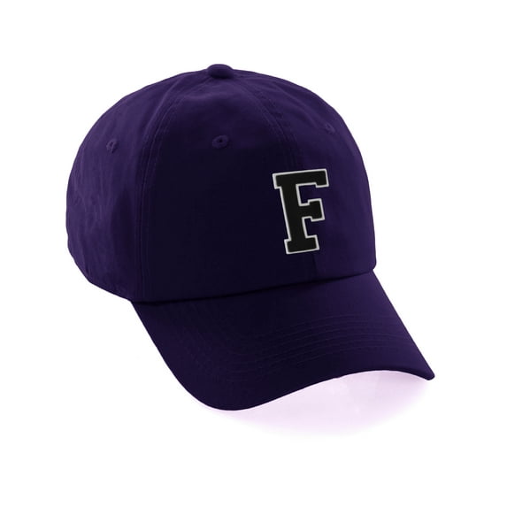 Customized Letter Intial Baseball Hat A to Z Team Colors, Purple Cap White Black Letter F