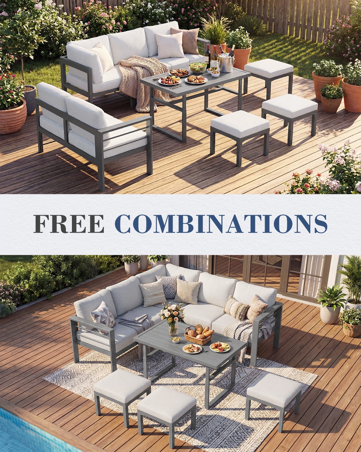 AECOJOY Outdoor Furniture Sets Clearance, Aluminum Patio Furniture Sets on sale, Metal Patio Sets, Outdoor Conversation Sets, Outdoor Sectional Sofa for Lawn,Light Grey