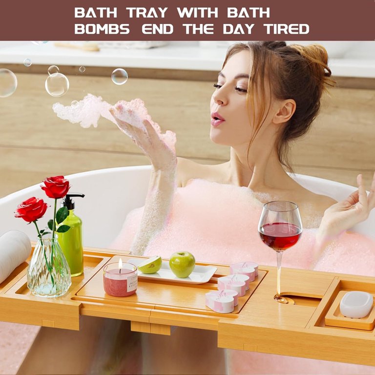 Bathtub Tray Caddy,Premium Bamboo Expandable Bath Tub Trays Table