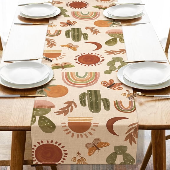 Boho Cactus Rainbow Table Runner, Bohemian Cacti Sun Moon Butterfly Kitchen Dining Table Decoration, Plant Burlap Indoor Outdoor Home Decor Party Supply 13 x 72 Inches