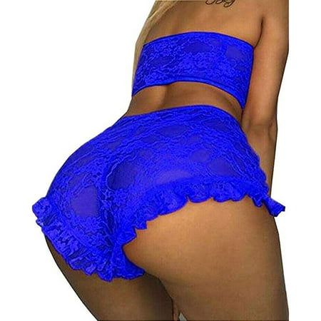 

BIZIZA High Waisted Babydoll Lingerie for Women Teddy Sexy Lingerie Set Lace Bra and Panty Sets Blue S